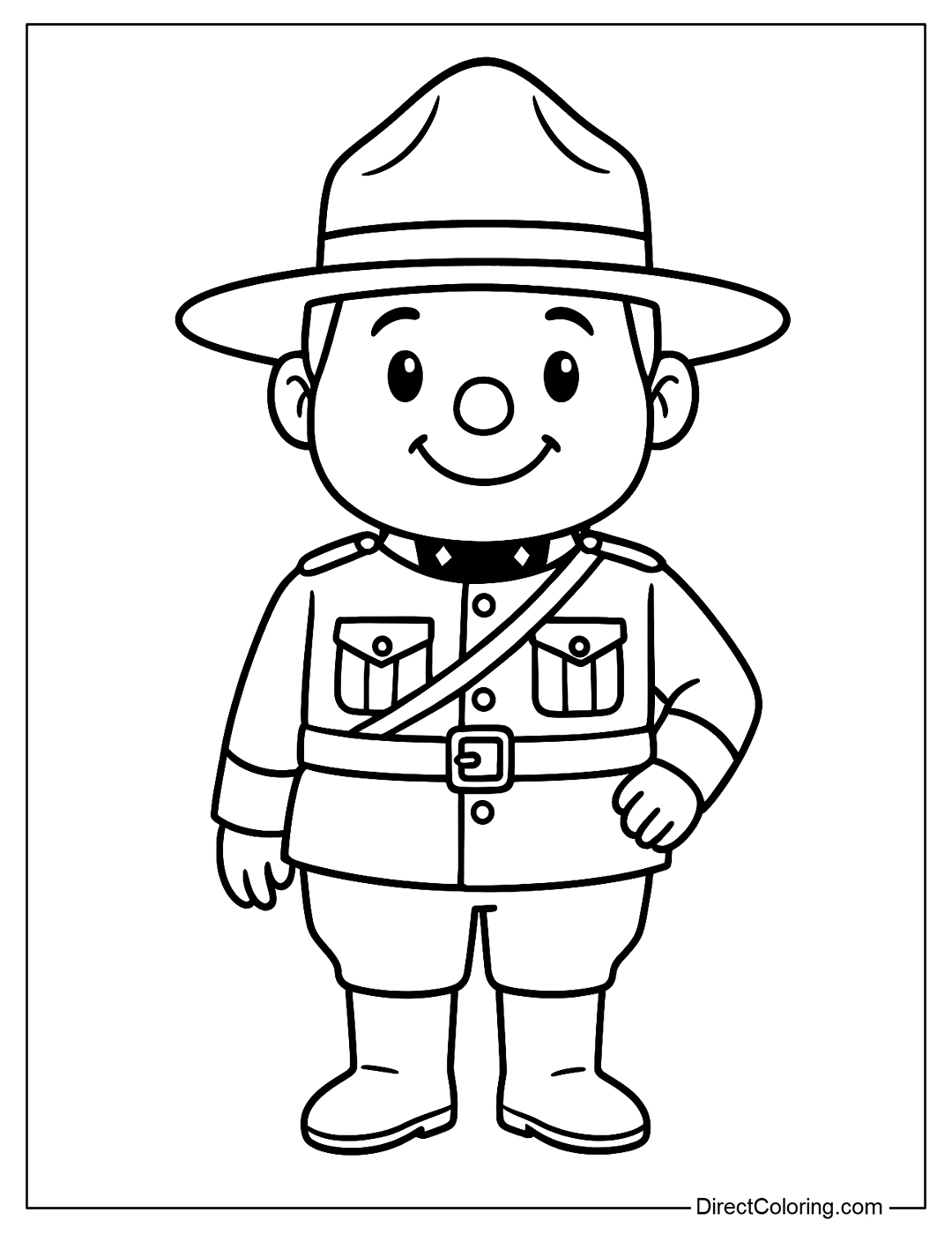 A cartoon character of a Royal Canadian Mountie with a friendly smile, wearing a typical uniform.